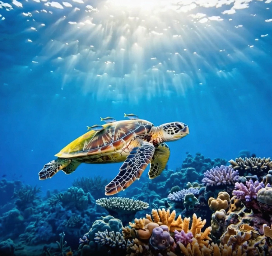 海龟游动，镜头缓缓上移